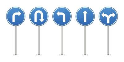 Five blue and white mandatory traffic signs, each mounted on a pole. They depict various directions and maneuvers like turning or continuing straight. vector