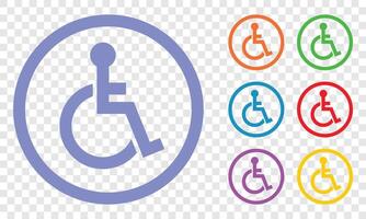 The image shows several disability access symbols, each depicting a person in a wheelchair inside a circle. These symbols are displayed in various colors. vector
