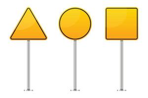 A bright, clear shot shows three distinct yellow warning signs, each a different shape - triangle, circle, and square - mounted on gray metal poles. The signs stand against a white backdrop. vector