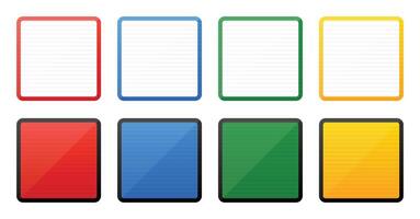A collection of eight square template frames in vibrant colors. Top row features lined paper, bottom row contains solid blocks of color. A bright visual array. vector