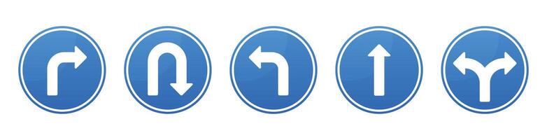 A collection of five circular road signs, each with a blue background and white arrow indicating different directions, right, U-turn, left, straight ahead, and a fork in the road. vector