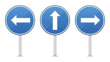 Three blue circular directional signs indicate left, straight, and right directions. These arrow signs provide clear guidance. Essential for navigation and wayfinding. vector
