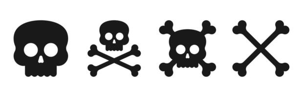 A collection of four stylized skull and crossbones icons presented in silhouette against a plain white background. Varied designs, from simplified to intricate. vector