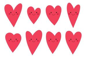 A delightful assortment of eight cartoon heart shapes, each uniquely designed with cheerful expressions. The hearts are pink and set against a plain white backdrop. vector