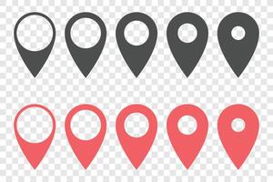 The image shows two rows of location icons, in grey and red. They look like stylized map pins or markers on a transparent background. Pointing downward, navigation concept. vector