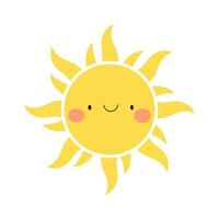 A cartoon-style image of a bright yellow sun with a happy face. The sun features a simple, smiling mouth and rosy cheeks, emanating positive energy and warmth. vector
