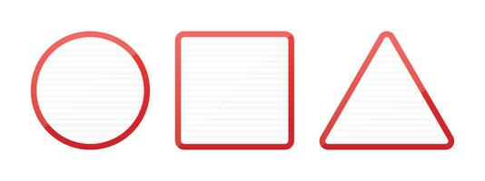 A simple image of three geometric shapes, a red outlined circle, square, and triangle. These are isolated against a white background. Each shape's interior is filled with white. vector