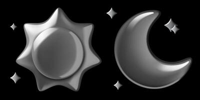 Sun and crescent moon 3d chrome stickers with stars on black background vector
