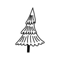 Cartoon Christmas tree in doodle style, illustration isolated on white background. Monochrome hand drawn fir tree outline. vector
