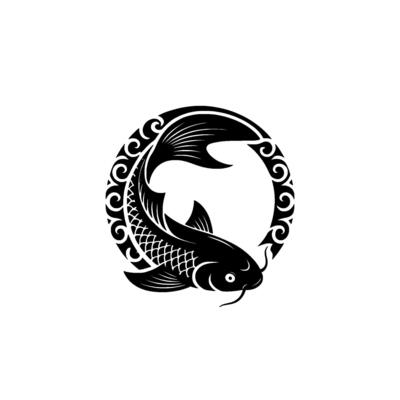 Elegant Koi Fish Black White Circle , Minimalism.