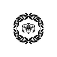 Floral Emblem Elegant Lily in Laurel Wreath, Black and White. vector
