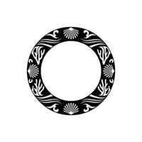 Black White Coastal Circle Frame Seashells, Waves, Minimalist. vector