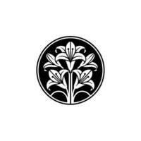 Elegant Black and White Lily Emblem in a Circle. vector