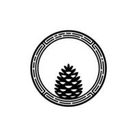 Minimalist Pine Cone Emblem, Circle Border, Black White. vector