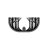 Minimalist Forest Scene Pine Cone Trees in Black White. vector