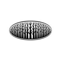 Minimalist Forest Illustration in an Oval Frame, Black and White. vector