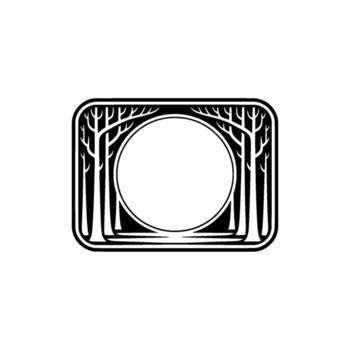 Art Deco Forest Frame Monochromatic Geometric Trees, Circle, Empty Space. vector