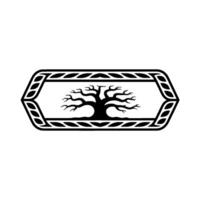 Minimalist Tree of Life Emblem, Decorative Frame, Black White. vector