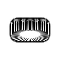 Minimalist Forest Geometric Trees in Rounded Frame, Black White. vector