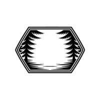 Black White Forest Scene in Hexagon Frame, Minimalist Illustration. vector