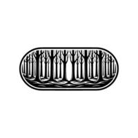 Stylized Forest in Oval Frame, Black and White Minimalist. vector