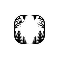 Forest Silhouette with Owl in Square Frame, Black and White. vector