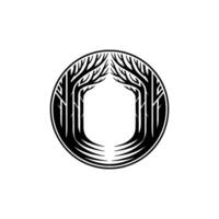 Stylized Forest Gateway in a Circle, Black and White Minimalist. vector