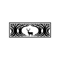 Silhouette Deer in Forest Frame, Black and White, Minimalist. vector