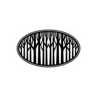 Minimalist Forest Silhouette Inside Oval Frame. vector