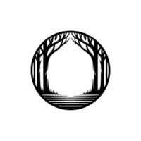 Forest Silhouette in Circular Frame, Minimalist , Black White. vector