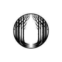 Abstract Forest Silhouette in Circle, Minimalist Black White. vector