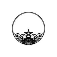 Nautical Circle Frame Starfish, Waves, Shell in Black White. vector