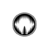 Minimalist Forest Emblem Circle, Pines, and Mountains. vector