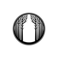 Minimalist Forest Scene in a Circle - Black and White. vector