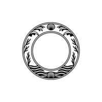 Elegant Nautical Frame Black White Circular with Seashells Foliage. vector