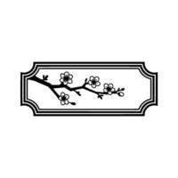 Minimalist Black Cherry Blossom Branch in Decorative Frame. vector
