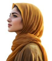 Beautiful Woman in Mustard Yellow Hijab against transparent background png