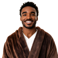 Smiling Man in Brown Plush Robe  Cozy Winter Fashion against transparent background png