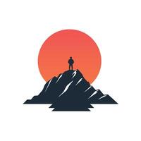 Silhouette of a Man on a Mountain Peak at Sunset vector