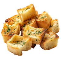 Golden Garlic Bread Croutons Against Transparent Background for Bakery Advertising, Culinary Design, Snack Branding png