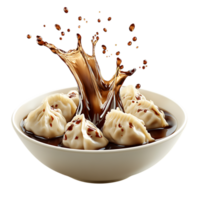 Tasty Dumplings with Dynamic Sauce Splash Against Transparent Background for Dining Concepts png