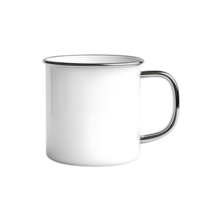 PNG White Enamel Mug with Metal Handle Against Transparent Background.