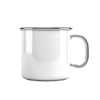 PNG White Enamel Mug with Metal Handle Against Transparent Background.