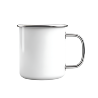 PNG White Enamel Mug with Metal Handle Against Transparent Background.