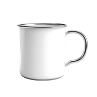 PNG White Enamel Mug with Metal Handle Against Transparent Background.