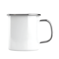 PNG White Enamel Mug with Metal Handle Against Transparent Background.