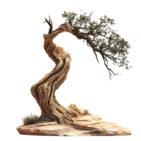 PNG Twisted Tree in Desert Landscape Against Transparent Background.