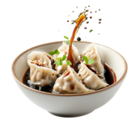 Delicious Dumplings in a Bowl with Soy Sauce Splashing PNG Against Transparent Background for Asian Cuisine, Food Branding, or Restaurant Promotion