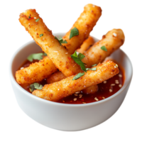 Crispy Mozzarella Sticks in Spicy Sauce PNG Against Transparent Background for Snack Branding, Appetizer Promotion, or Fast Food Marketing