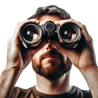 PNG Man Holding Binoculars and Looking Through Against Transparent Background